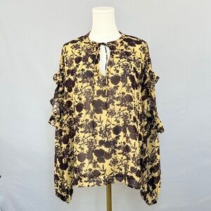 Chic Floral Women's Blouse Mustard and Chocolate with Soft Round Neckline